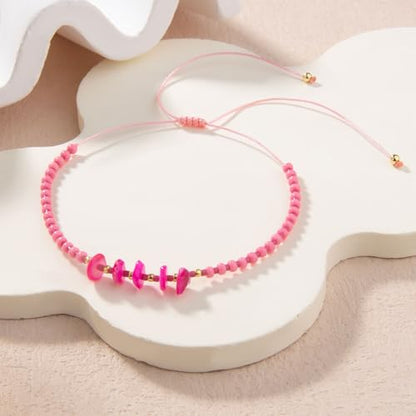 KELITCH Women Natural Stone Beads Anklet Boho Color Beaded Ankle Adjustable Foot Chain Jewelry for Summer Beach Holiday - color: Rose 08C