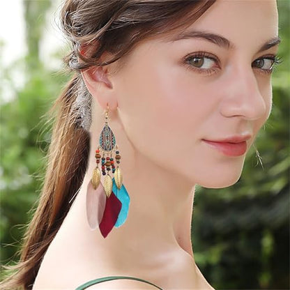 Dreuyet Boho Long Feather Drop Dangle Earrings for Women Retro Bohemian Ethnic Fringe Multicolor Tassel Feather Earring Handmade Statement Dream Catcher Earrings Jewelry - color: Color Teardrop
