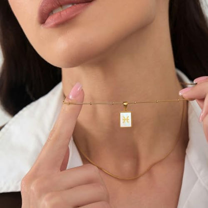 LETFLY Layered Zodiac Necklace for Women 18K Gold Natural Shell Pendant | Birthday Gifts for Women, Daily Wear, Hypoallergenic Material, Personalized Constellation Pendant, Adjustable, Snake Chain - style: Pisces
