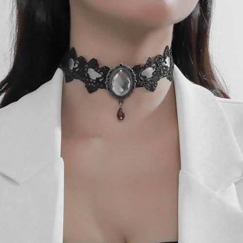 CSIYANJRY99 Gothic Choker Necklace for Women Halloween Red Crystal Vampire Choker Steampunk Lace Choker Witch Costume Accessories - style: White
