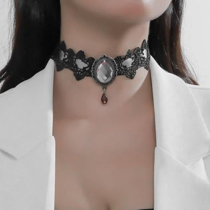 CSIYANJRY99 Gothic Choker Necklace for Women Halloween Red Crystal Vampire Choker Steampunk Lace Choker Witch Costume Accessories - style: White