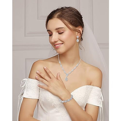 GULICX AAA Cubic Zirconia CZ Silver Plated Base Women's Party Jewelry Set Earrings Pendant Necklace - color: White Set