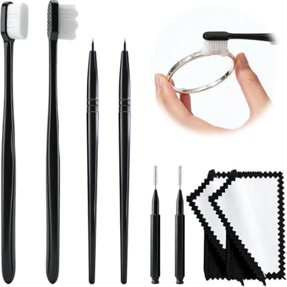 Jewelry Cleaning Kit with Cleaning Brushes and Velvet Polishing Cloths - color: 8 Piece Black