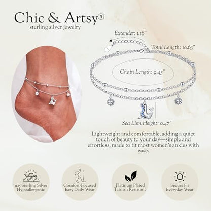CHIC & ARTSY 925 Sterling Silver Ankle Bracelets for Women, Adjustable Layered Foot Chains with Nature & Symbol Charms, Lightweight Comfort Fit Boho Beach Everyday Jewelry - color: 1# Dolphins Anklet