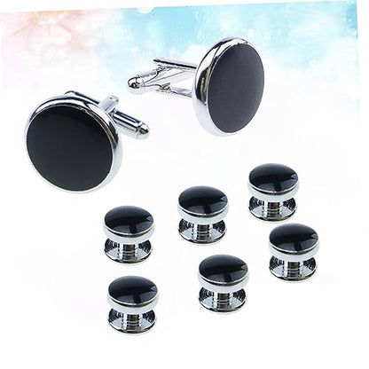 8Pcs Men Cufflinks and Studs Set Classic Black Tuxedo Shirt Accessories for Business and Wedding Polished Surface Secure Closure