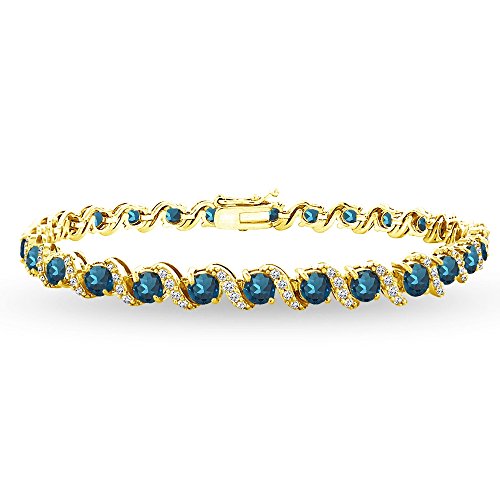 B. BRILLIANT Sterling Silver Genuine, Created or Simulated Gemstone Round S Design Tennis Bracelet for Women - color: London Blue Topaz - Gold Flash