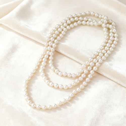 Long Pearl Necklace for Women 59" Faux White Pearls Necklaces Black Bow Pearl Beads Necklace 1920s Statement Bride Wedding Jewelry Gifts - color: White Pearl Necklace