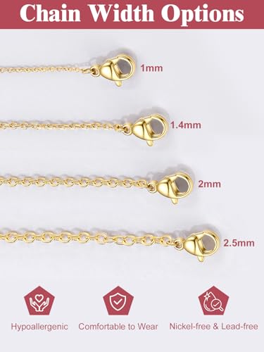 FOCALOOK Womens Chain Necklace, 1/1.4/2mm Thin Cable Link Necklace Chain | Hypoallergenic 316L Stainless Steel, Non Tarnish, Sturdy Chain for Pendants, 14K Gold Plated/Silver/Rose Gold/Black, 14-30" - color: 1mm 14K Gold Plated, size: 14 Inch