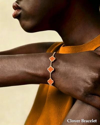 Clover Jewelry Set 3 PC - 18K Gold Plated Stainless Steel Y Necklace Four Leaf Pendant, Clover Bracelet Charm, 4leaf Earrings, Hypoallergenic Non-Tarnish, Lucky Jewelry Gifts for Women Mom - color: Orange/Gold