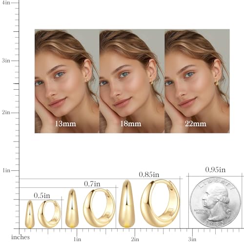 Gold Hoop Earrings for Women 14K Gold Earrings for Women | Lightweight Small Gold Hoop Earrings Thick Chunky Gold Huggie Hoop Earrings 14K Gold Hoop Earrings for Women 13/18/22mm - size: 18MM