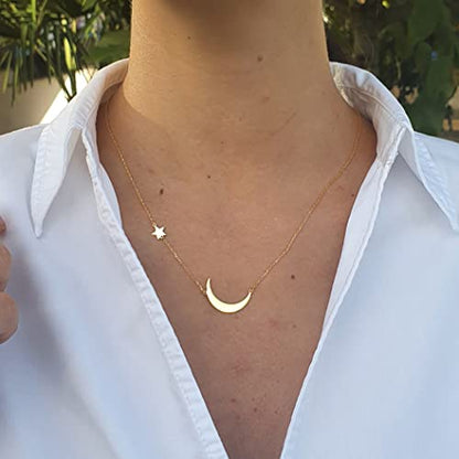 Dainty Moon and Star Pendant Necklace for Women 14K Gold Crescent Moon Long Necklace Delicate Tiny Star Charm Necklace Minimalist Jewelry - style: Sideways Moon+Star-GD