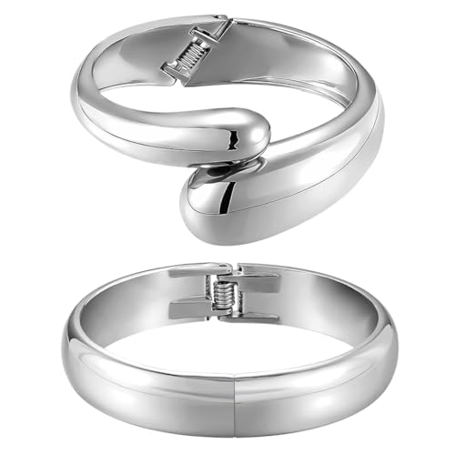 Emibele Cuff Bracelet Stack, 18K Gold-plated Open Bangle Bracelet, Teardrop Hinged Thick Wrist Chunky Bracelet Set for Women, Non Tarnish Jewelry Gift, 2 Pack - color: Silver