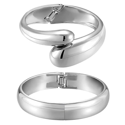 Emibele Cuff Bracelet Stack, 18K Gold-plated Open Bangle Bracelet, Teardrop Hinged Thick Wrist Chunky Bracelet Set for Women, Non Tarnish Jewelry Gift, 2 Pack - color: Silver