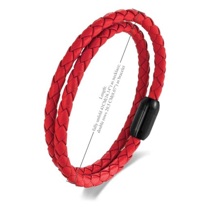 Braided Leather Bracelet，Double Wrap Bracelet with Black Stainless Steel Clasp, Two- way of Wearing as Mens Bracelet or Womens Choker Necklace, Urban and Minimalist Style - color: Red