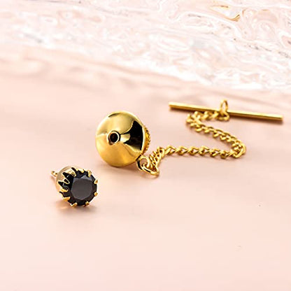 HAWSON Mens Tie Tack with Chain Round Crystal Wedding Business Accessories - color: Gold + Jet