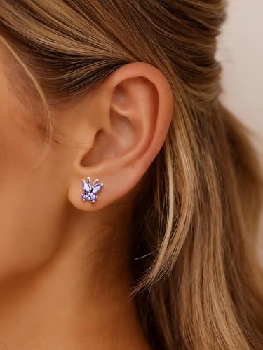 ChicSilver 925 Sterling Silver Bow/Butterfly Earrings for Women Hypoallergenic Birthstone Earrings Dainty Bow/Butterfly Jewelry Gift for Women - color: Butterfly-February-Amethyst