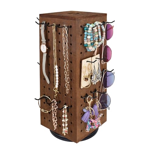 MOOCA Rotating Wooden Jewelry Display with 48 Hooks, Brown | Four-sided rotating wood pegboard with 48 removable hooks and lidded inner storage displays jewelry and accessories. - color: Brown, Square