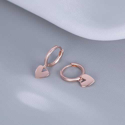 Reffeer Solid 925 Sterling Silver Small Love Heart Drop Earrings Hoop for Women Teen Girls Heart Hoop Earrings Huggie - color: C-Rose