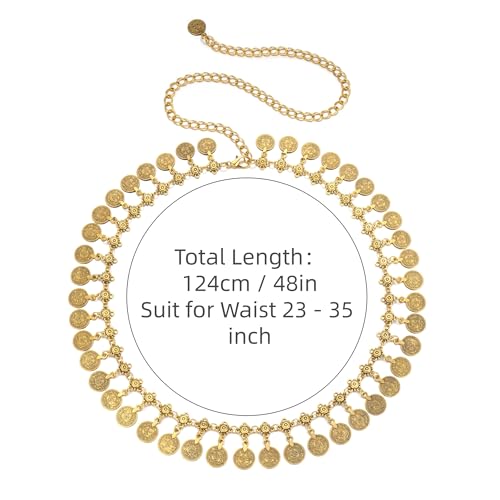 CHIC DIARY Metal Chain Belt for Women Coin Belly Link Tassel Belt for Dress | Boho Style Coin Pendant Tassel Belt Gold/Silver Adjustable Concho Belly Dance Belts for Dresses Skirts Jeans - color: Gold