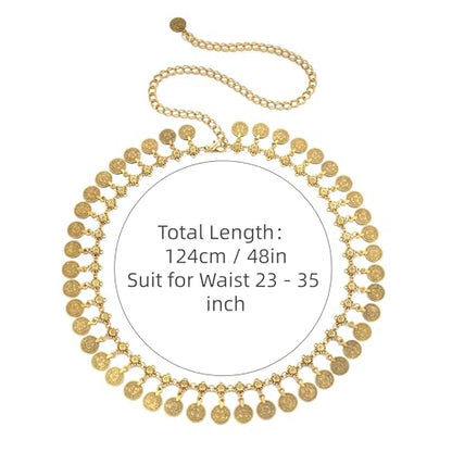 CHIC DIARY Metal Chain Belt for Women Coin Belly Link Tassel Belt for Dress | Boho Style Coin Pendant Tassel Belt Gold/Silver Adjustable Concho Belly Dance Belts for Dresses Skirts Jeans - color: Gold