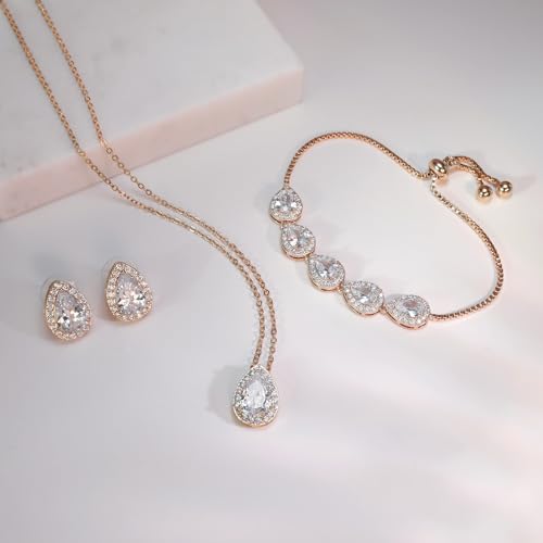 Teardrop Cubic Zirconia Jewelry Set for Women Wedding Prom Bridesmaid Gift | Sparkle Necklace Earrings Bracelet, Bride Formal Party Jewelry - color: Rose Gold