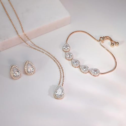 Teardrop Cubic Zirconia Jewelry Set for Women Wedding Prom Bridesmaid Gift | Sparkle Necklace Earrings Bracelet, Bride Formal Party Jewelry - color: Rose Gold