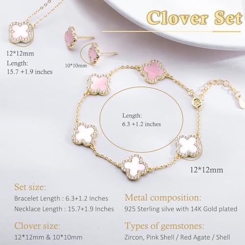 925 Sterling Silver Four Leaf Clover Bracelet – Real Silver Lucky Clover Jewelry for Women, Dainty Good Luck Gift for Her - color: Gold-Plated Pink MOP