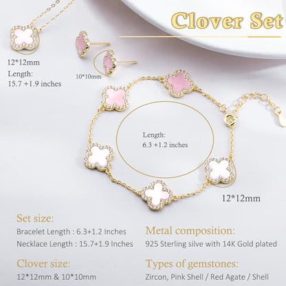 925 Sterling Silver Four Leaf Clover Bracelet – Real Silver Lucky Clover Jewelry for Women, Dainty Good Luck Gift for Her - color: Gold-Plated Pink MOP