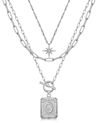 MJartoria Layered Initial Necklaces for Women | 14K Gold Plated Brass, Star Choker, Square Letter Pendant, Paperclip Chain - color: Silver, style: O