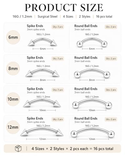 16-Piece 16G Curved Barbell Eyebrow Rings, Ball/Spike, 6-12mm | Hypoallergenic 316L steel with 3mm ball and spike ends for eyebrow, rook, vertical labret, lip, navel and daith piercings