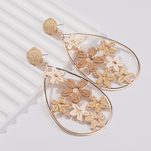 Boho Raffia Flower Teardrop Earrings Cute Colorful Dangle Trendy Jewelry | Floral Drop Statement Big Dangling Earring Hypoallergenic Gold Fun Unique Summer Spring Beach Vacation Outfits for Women - color: Nature
