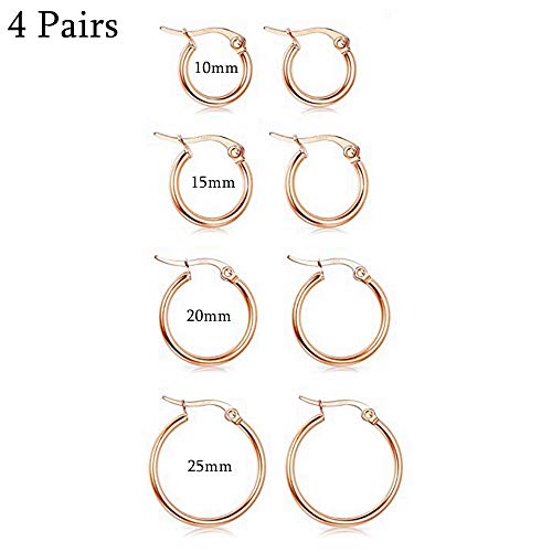 4 Pairs Stainless Steel Round Hoop Cute Huggie Earrings For Women Small Hoop Earring Set(10mm,15mm,20mm,25mm) - color: Rose Gold Tone-4Pairs