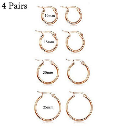 4 Pairs Stainless Steel Round Hoop Cute Huggie Earrings For Women Small Hoop Earring Set(10mm,15mm,20mm,25mm) - color: Rose Gold Tone-4Pairs