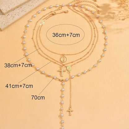 4PCS Layered Gold Cross Necklaces for Women Trendy, Bohemian Bead Pearl Y Long Pendant Necklace Set, Vintage Rosary Necklace Stack Adjustable Length