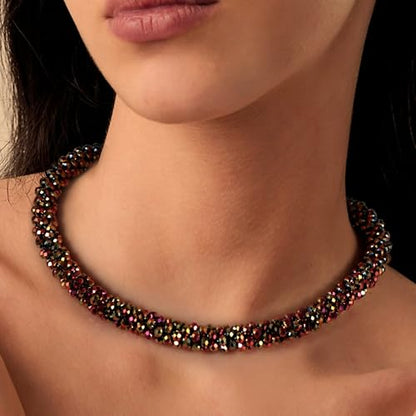 Hand Knotted Beads Statement Necklace Bracelet Jewelry Set Artificial Crystal Choker for Women- Handmade Beaded Strand Sparkly Faceted Crystal Rondelle-17inches, 30 Colors - color: Slivery