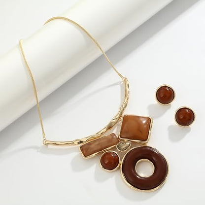 Vintage Statement Jewelry Set - Chunky Flower Floral Plant Geometric Resin Bib Necklace Earring Set Bohemian Boho Crystal Rhinestone Fashion Jewelry for Women Bridal Party Prom Unique Gift - style: MLJS2613-Brown