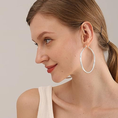 OOOPEL 925 Sterling Silver Hoop for Women Gold Hoop Earrings Hypoallergenic Diamond-Cut Ripples Designed - Non Tarnish Large Hoop Earrings(30/40/50/60/70mm) - color: Silver-70mm