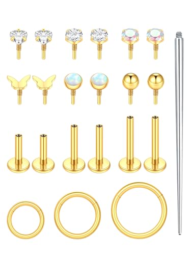 Oveta 16G 18G Flat Back Studs Earrings for Tragus Cartilage Piercing Jewelry, Surgical Steel Nose Rings Hoops 6/8/10mm, Silver/Gold - color: Gold, size: 16g*6/8/10mm bar, multiple stud top