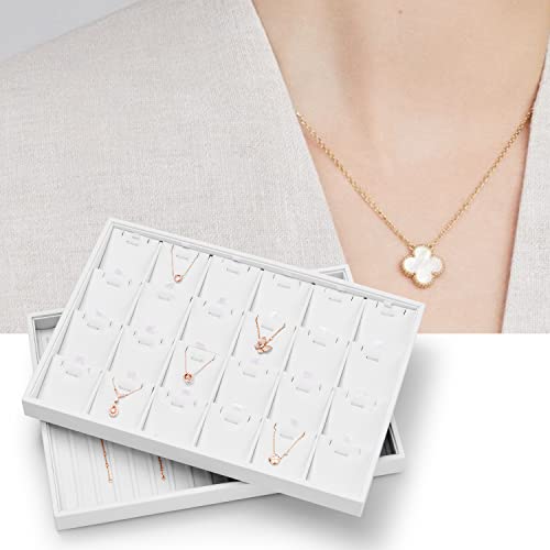 Oirlv Premium White Leather Stackable Jewelry Tray 24 Grid Jewelry Organizer Tray with Removable Inserts Cards Necklace Display Holder | 24 Necklace Pendant Sections,Removable Insert Cards,Anti-Tangle Design,Space-Saving Event Display,13.8×9.5Inch - color