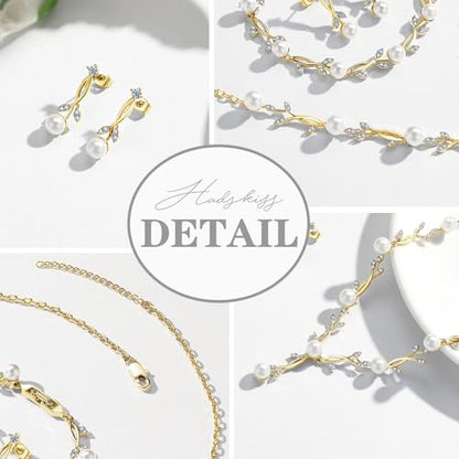 Jewelry Set for Women, Necklace Dangle Earrings Bracelet Set with White AAA Cubic Zirconia, Allergy Free Wedding Party Jewelry for Bridal Bridesmaid - color: Necklace+Braclelet+Earrings-pearl style gold
