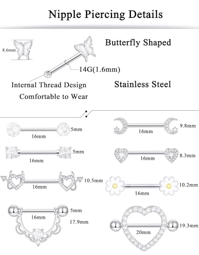 9 Pairs Nipple Rings Stainless Steel Heart Butterfly Moon Flower CZ Barbell Tongue Rings Set Cute Nipplerings Piercing Jewelry for Women Pink Silver Tone - color: B: Silver Tone