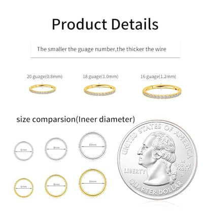 20G 18G 16G Titanium Hoop Nose Ring, Hinged Silver Gold Cartilage Hoop Earrings for Women, Clear CZ Conch Tragus Helix Earrings Septum Nose Piercing Jewelry 6/8/10mm - color: Gold, size: 20g-10mm