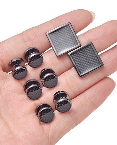 10Pcs Cufflinks for Men Classic Design Carbon Fiber Cufflinks Tuxedo Shirt Stud Set for Wedding Business Birthday Meeting Black Tone Cufflinks - style: B:10Pcs,square