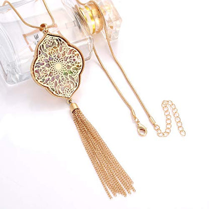 MOLOCH Long Necklaces For Woman Disk Circle Pendant Necklaces Tassel Fringe Necklace Set Statement Pendant - color: quatrefoil--gold-Floral