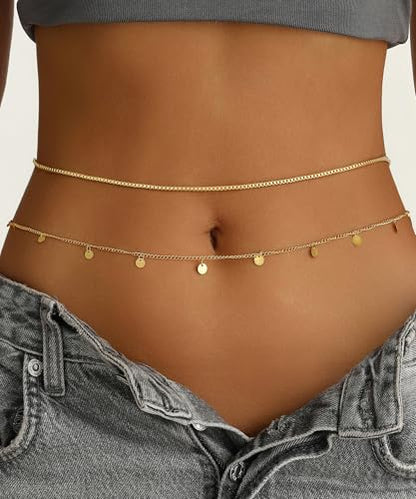 2Pcs Waist Chain 18K Gold Plated Belly Chain Coin Sequin Satellite Beaded Snake Box Chain Layered Body Chain Sexy Bikini Summer Beach Body Jewelry Accessories for Women Adjustable - style: coin chain