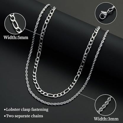 Layered Stainless Steel Chain Necklaces for Men Boys, 2Pcs Cuban Link/Rope/Herringbone Chains Jewelry Gifts, 16 "/18 ", 18 "/20 ", 20 "/22 ", 22 "/24 " - color: Silver, size: 16IN/18IN, style: Figaro/ Rope Chain Set