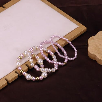 Pearl Bracelets for Women Simulated Pearl Beaded Bracelet White Pearls Stackable Stretch Bracelet Set Multilayered Elastic Pearls Bracelets for Women Bridesmaid Bridal Jewelry - color: pink