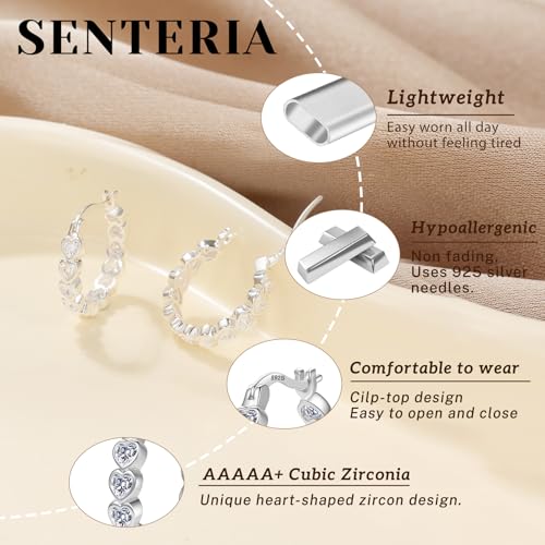 Senteria 925 Sterling Silver Post Hoop Earrings Hypoallergenic Small Heart Hoop Earrings with AAA+Cubic Zirconia Twisted Huggie Hoops Earring for Women 15MM/20MM - color: silver-heart-20mm