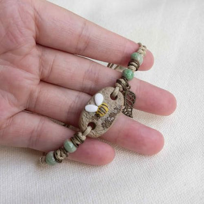 Handcrafted Bohemian Ceramic Flower Bracelet with Leaf Charm, Adjustable Beaded Bracelet for Women, Unique Handmade Jewelry Gift for Nature Lovers - style: Farmhouse