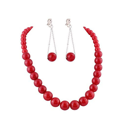 Handmade Faux Pearl Necklace and Clip on Earrings Jewelry Sets for Women Bib Choker Collar Necklace - color: Red-Necklace+Tassel Clip Earrings